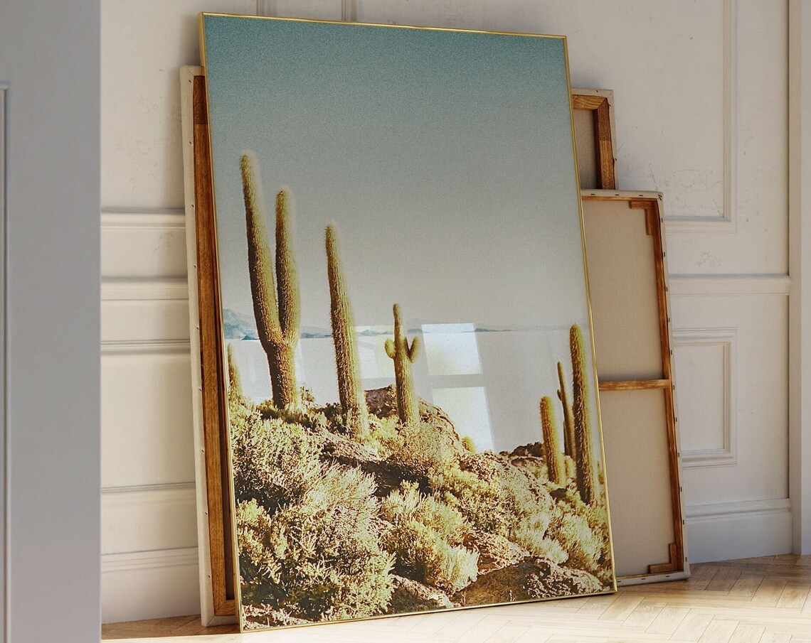 Golden Saguaro Cactus Rocky Desert Hillside Sunset Photo Art Poster