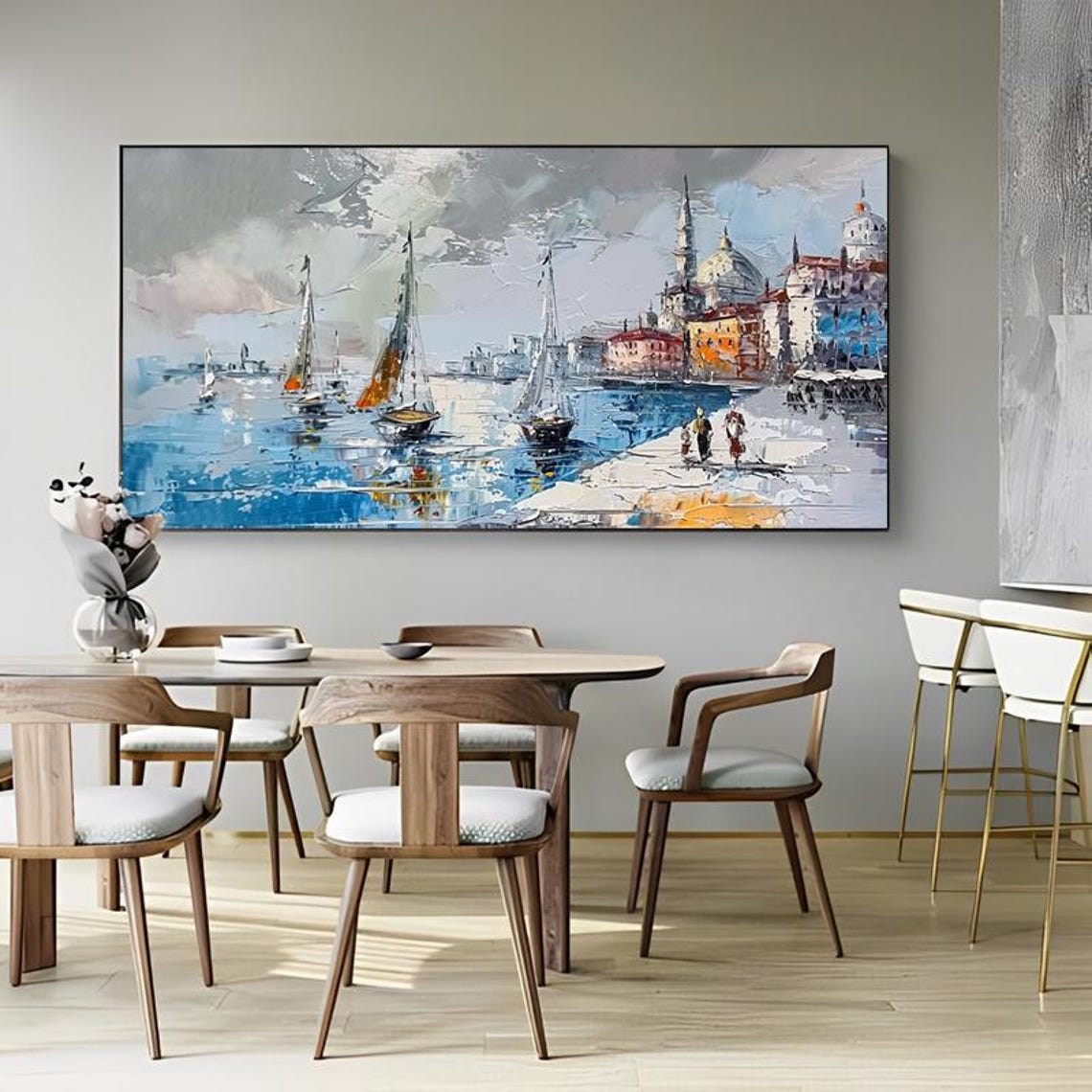 Sailboats In European Harbor Coastal Town Scene Painting Poster - Image 3