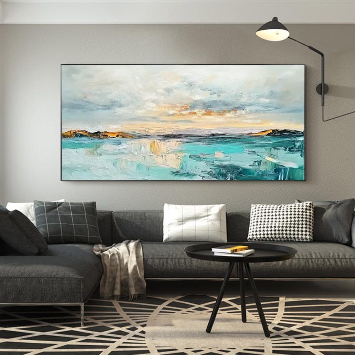 Turquoise Lakeside Sunset Abstract Reflection Painting Poster - Image 2