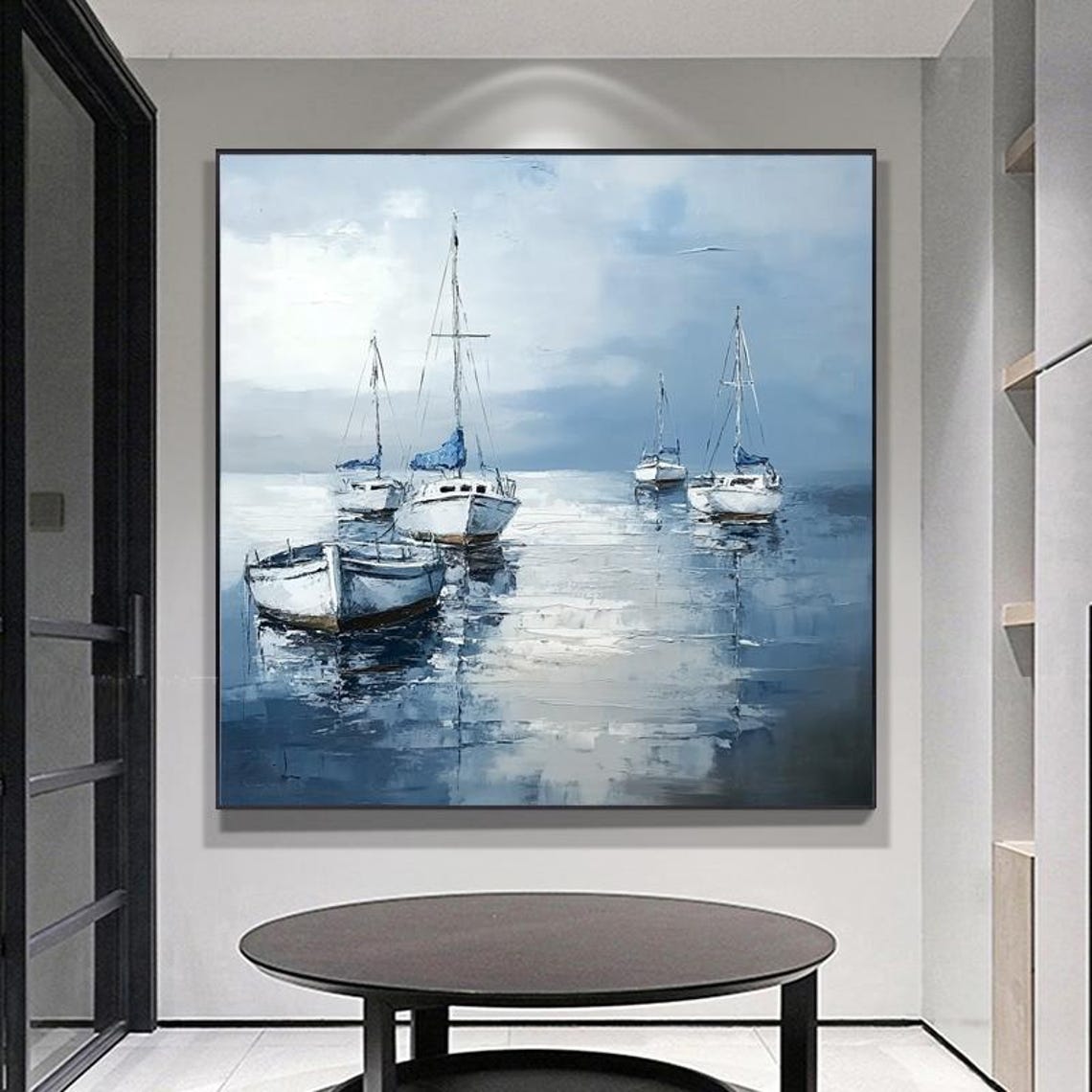 White Sailboats Anchored In Calm Blue Harbor Hand Painted Art Poster