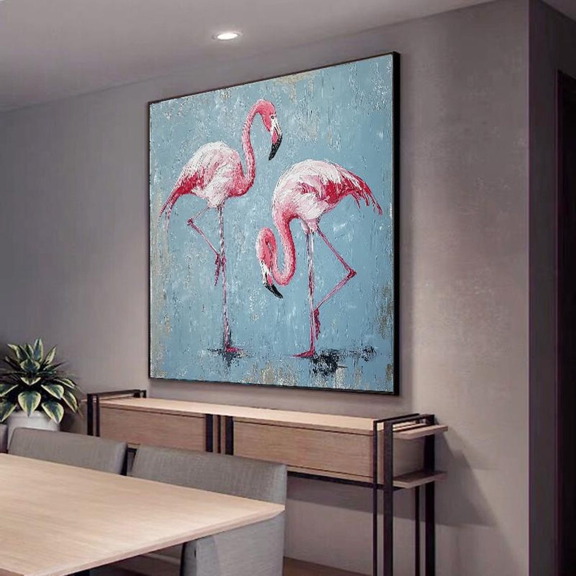 Two Pink Flamingos On Blue Grey Background Tropical Painting Poster - Image 5