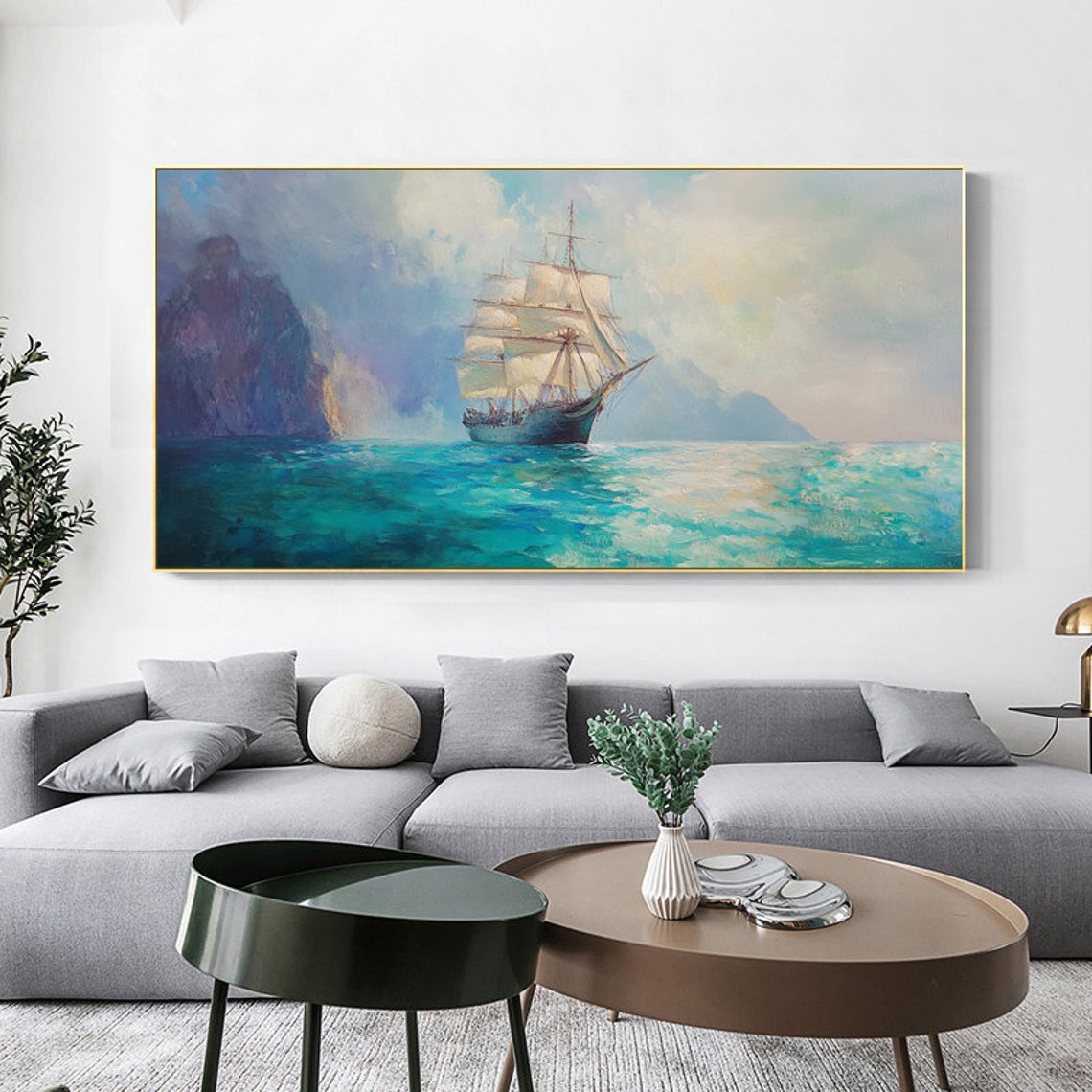 Tall Ship Sailing Turquoise Sea Past Rocky Coastline Panorama Poster - Image 6