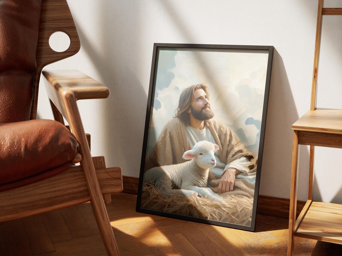 Jesus Seated with Lamb Looking to Heaven Watercolor Art Poster - Image 2