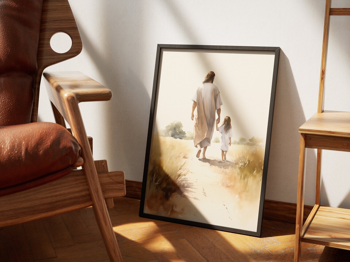 Jesus Christ Holding Child Hand Wheat Field Watercolor Faith Art Poster - Image 4