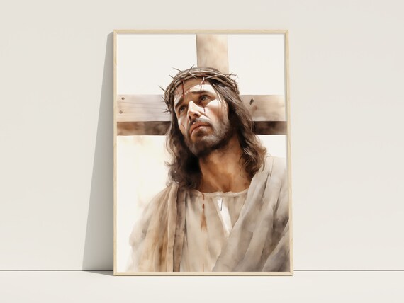 Jesus Before the Cross Crown of Thorns Watercolor Art Poster