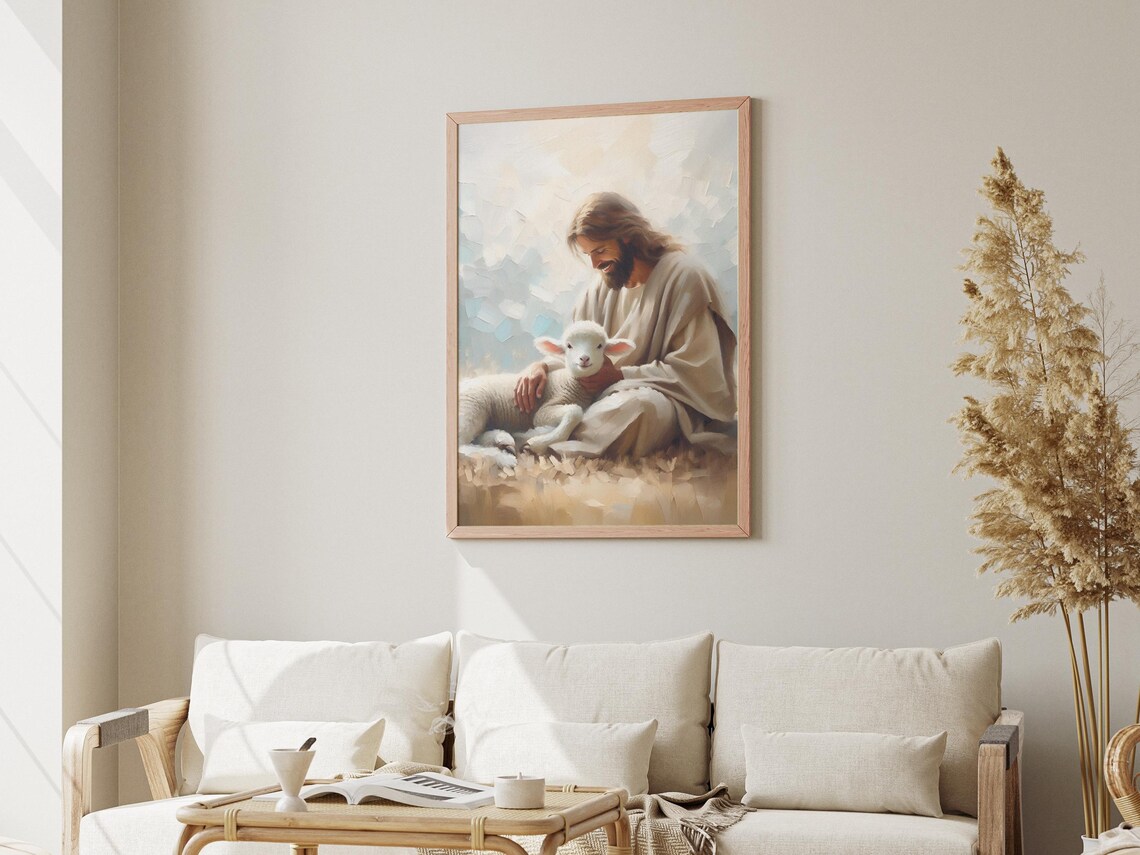 Jesus Kneeling with White Lamb Gentle Christian Oil Art Poster - Image 3