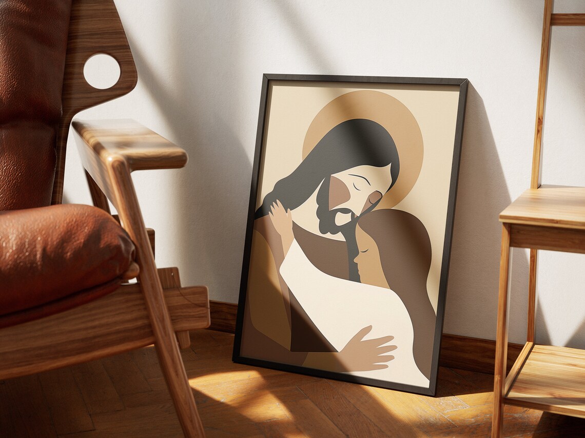 Jesus Hugging Girl Abstract Boho Halo Painting Tender Faith Poster - Image 4