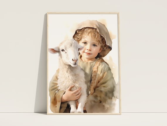 Little Jesus With Lamb Good Shepherd Watercolor Kids Room Art Poster