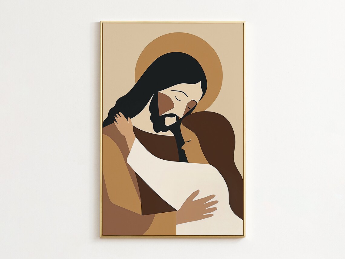 Jesus Hugging Girl Abstract Boho Halo Painting Tender Faith Poster