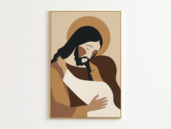 Jesus Hugging Girl Abstract Boho Halo Painting Tender Faith Poster