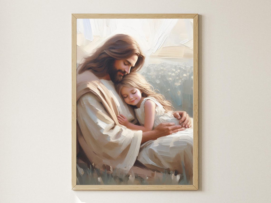 Sweet Sleep Jesus And Little Girl Art Modern Christian Nursery Wall Art Jesus With Children Kids Bible Art Print Lds Painting