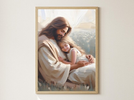 Jesus Christ Holding Sleeping Child Painting Peaceful Christian Art Poster