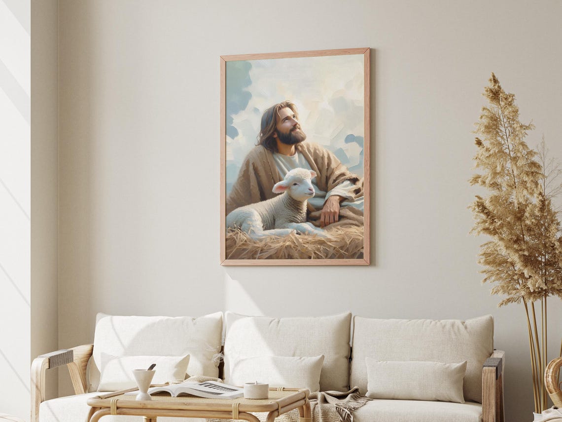 Jesus Seated with Lamb Looking to Heaven Watercolor Art Poster - Image 3