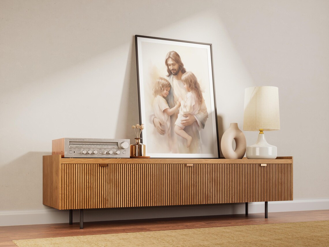 Jesus Christ Holding Little Girls Watercolor Children Faith Art Poster - Image 2