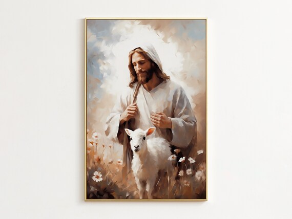 Jesus Christ and Lamb Wildflower Meadow Painterly Christian Art Poster