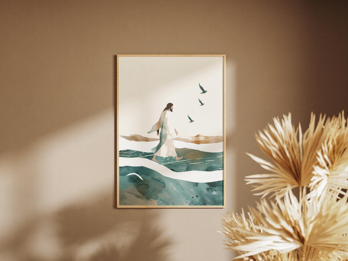 Minimalist Watercolor Jesus Walking on Waves Ocean Art Poster - Image 3