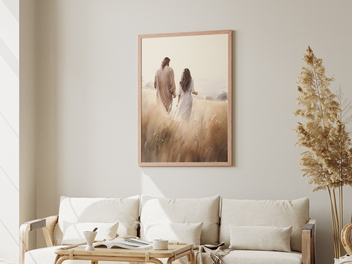 Jesus Walking With A Woman Christian Watercolor Art Print - Image 3