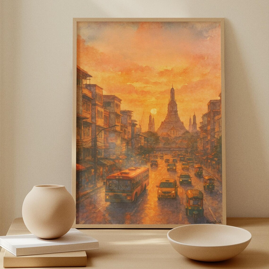 Bangkok Sunset Wat Arun Temple Street Golden Watercolor Poster