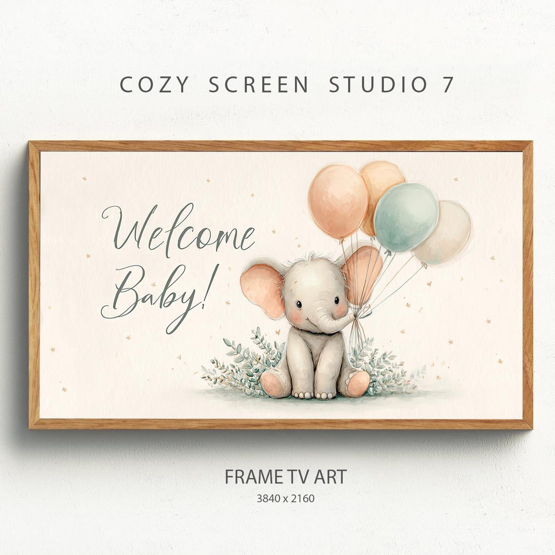 Welcome Baby Elephant With Balloons Watercolor Nursery Poster