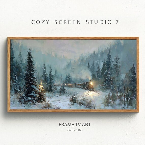 Snowy Winter Steam Train Mountain Forest Christmas Scene Poster