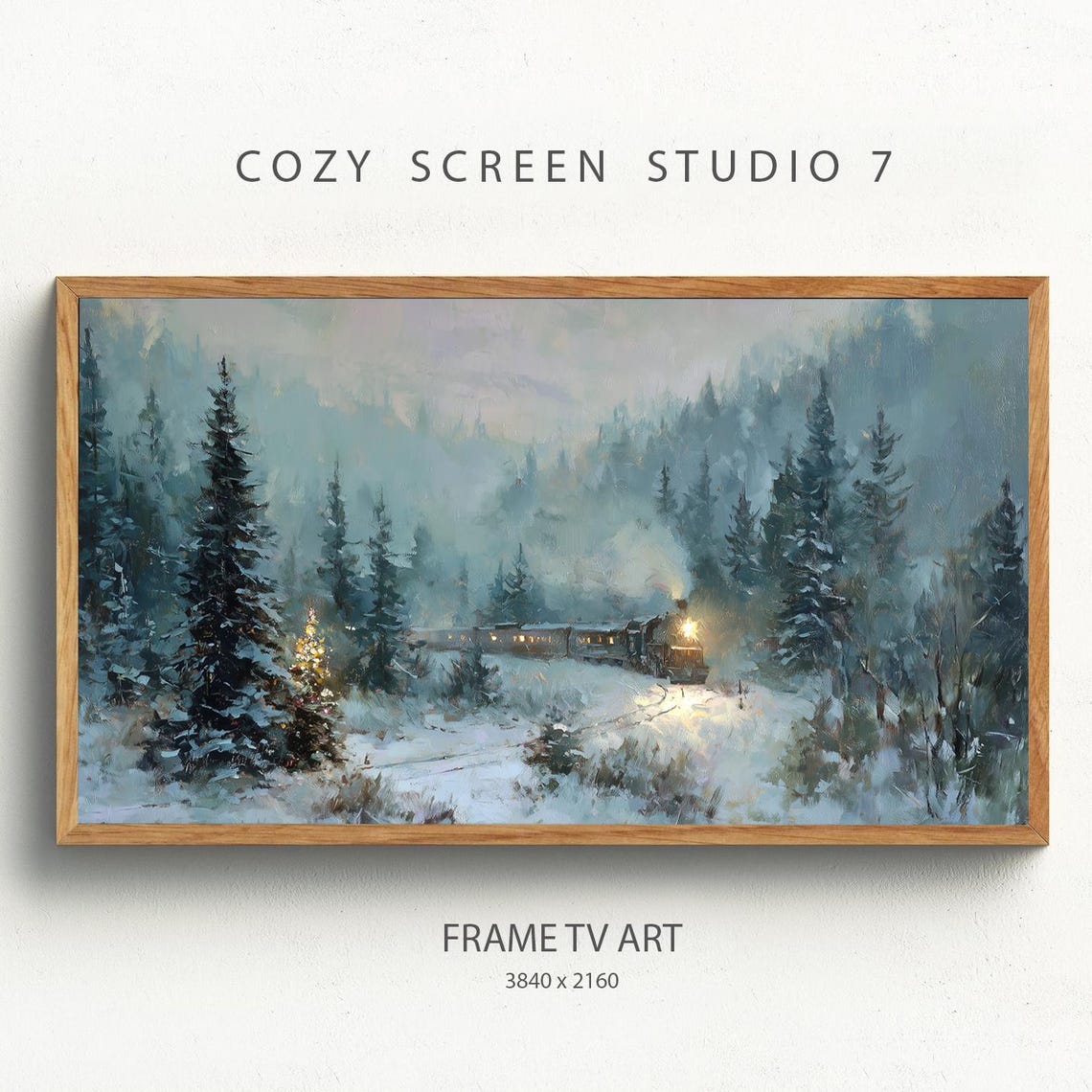 Snowy Winter Steam Train Mountain Forest Christmas Scene Poster