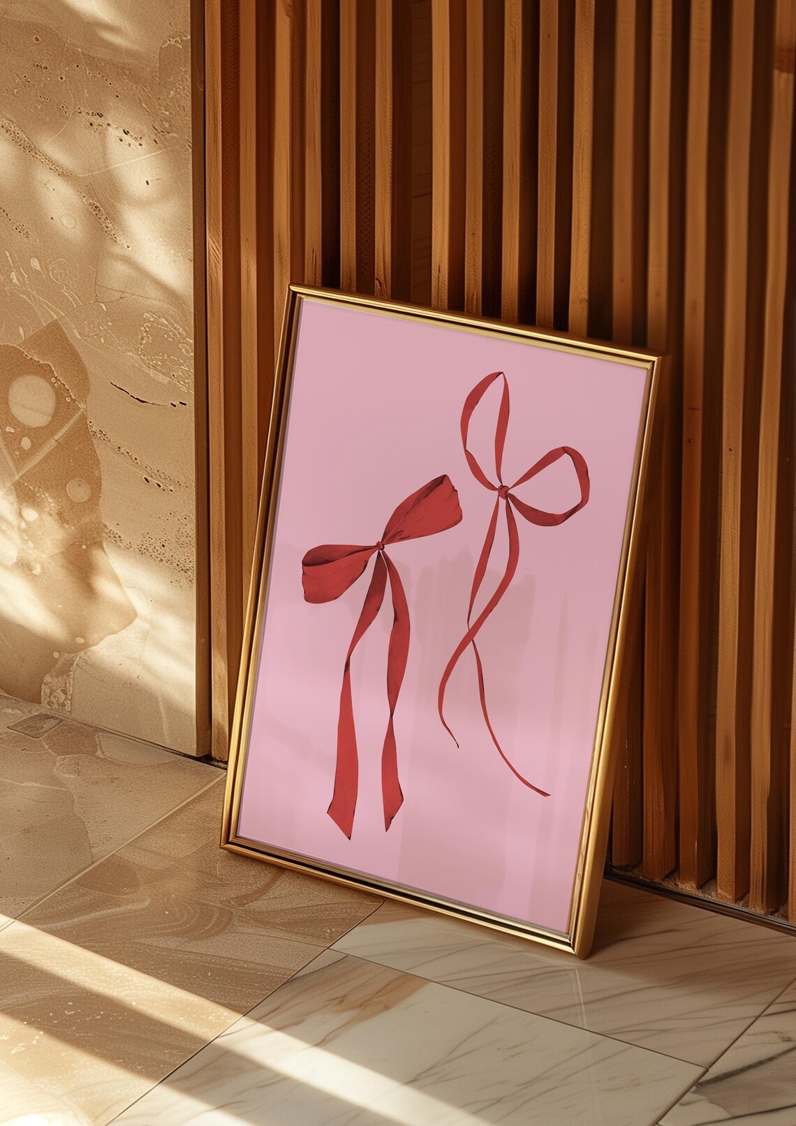 Red Ribbon Bows Pink Background Trendy Aesthetic Coquette Wall Art