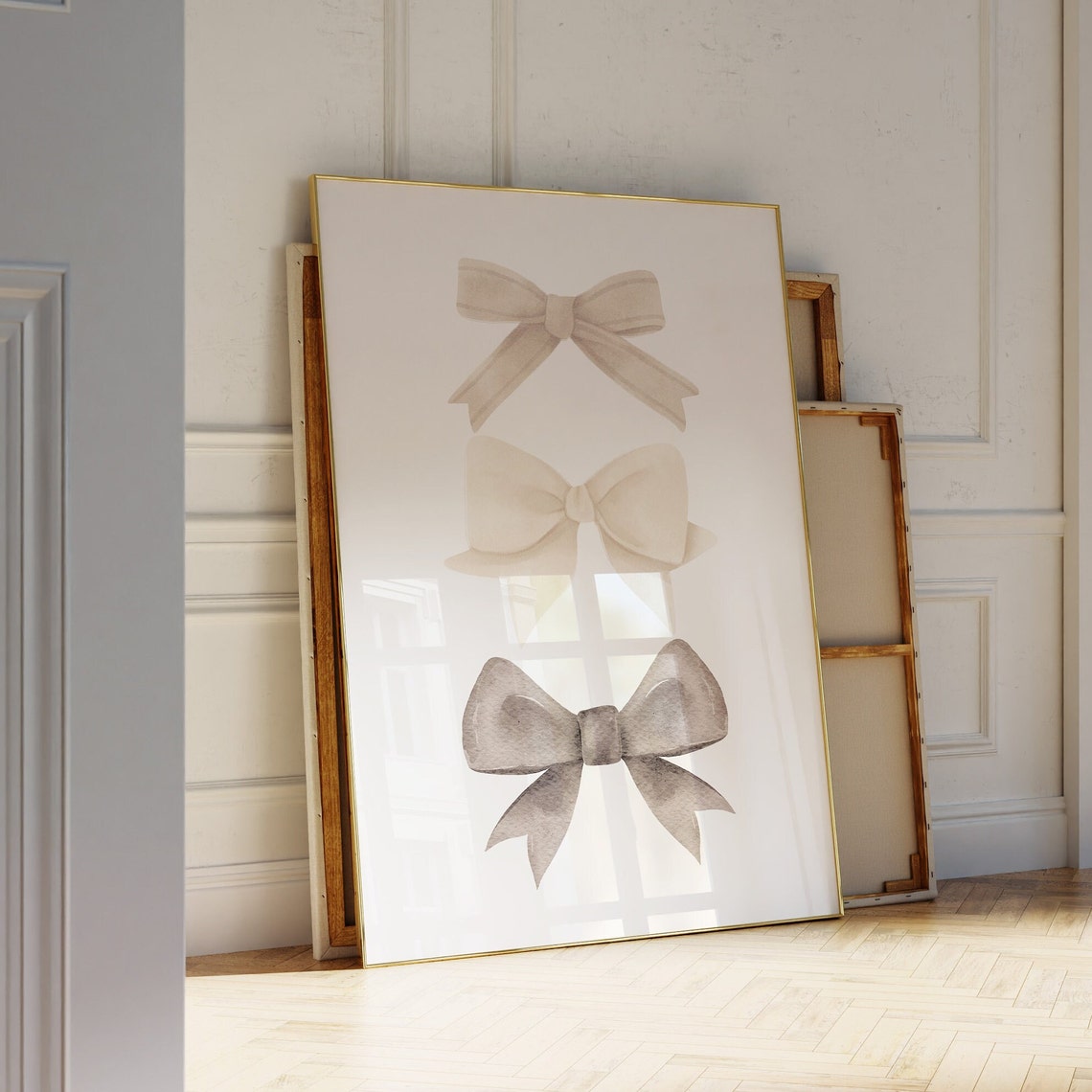 Neutral Beige Bows Trio Watercolor Ribbon Coquette Trendy Wall Art