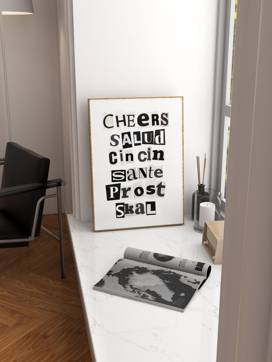 Cheers In Six Languages Ransom Note Typography Bar Cart Poster - Image 3