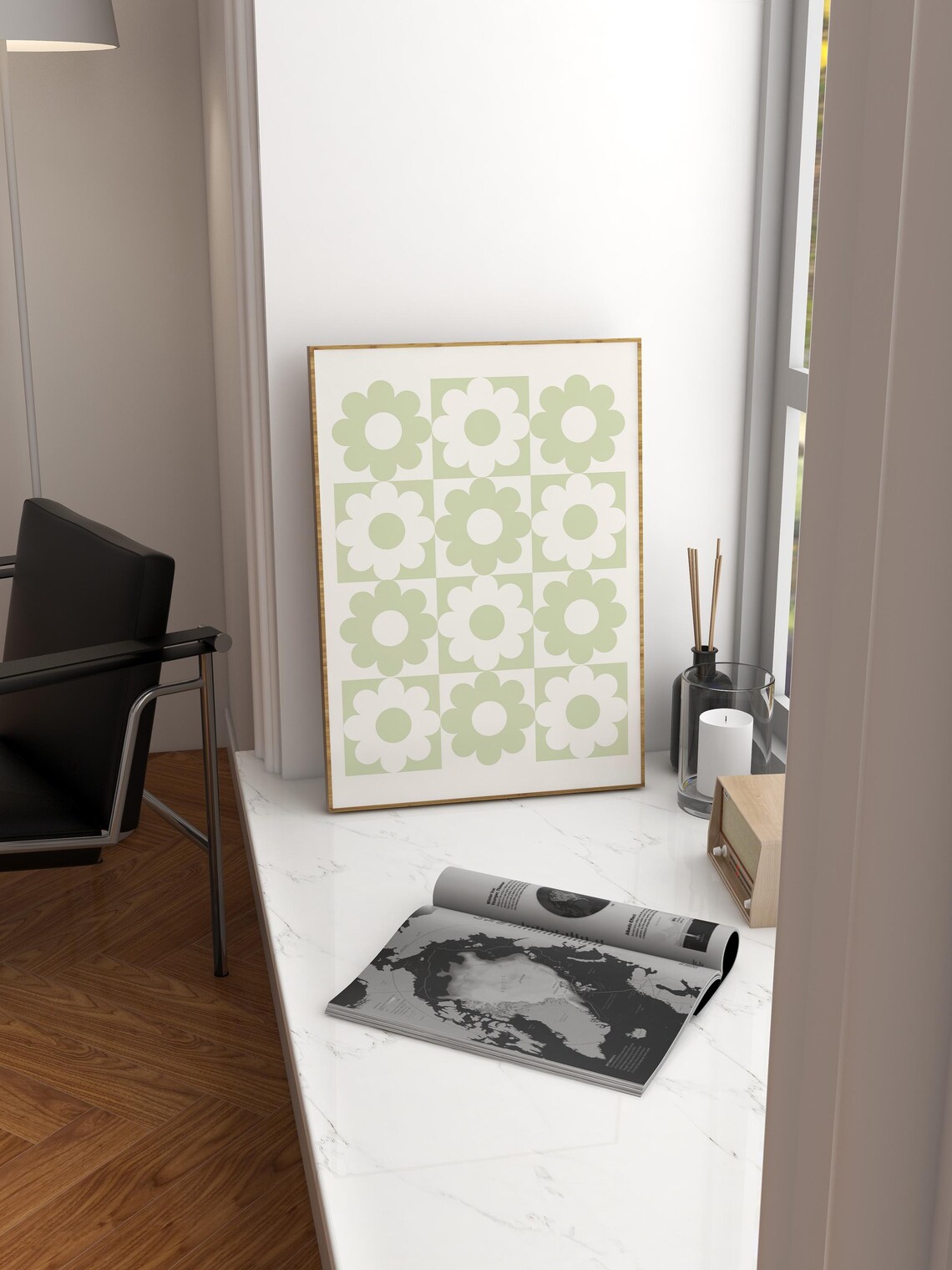 Retro Flower Print, Sage Green Checkers Decor - Image 3
