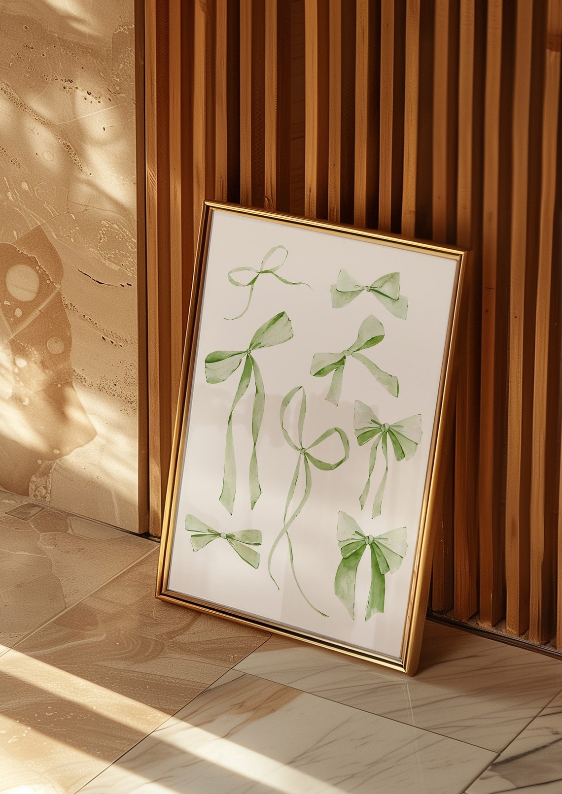 Green Watercolor Bows Ribbon Scatter Sage Botanical Coquette Wall Art