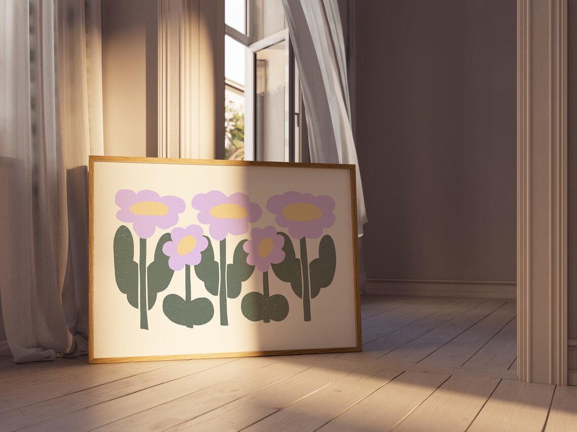 Purple Lavender Flowers Yellow Centers Matisse Style Retro Wall Art - Image 2
