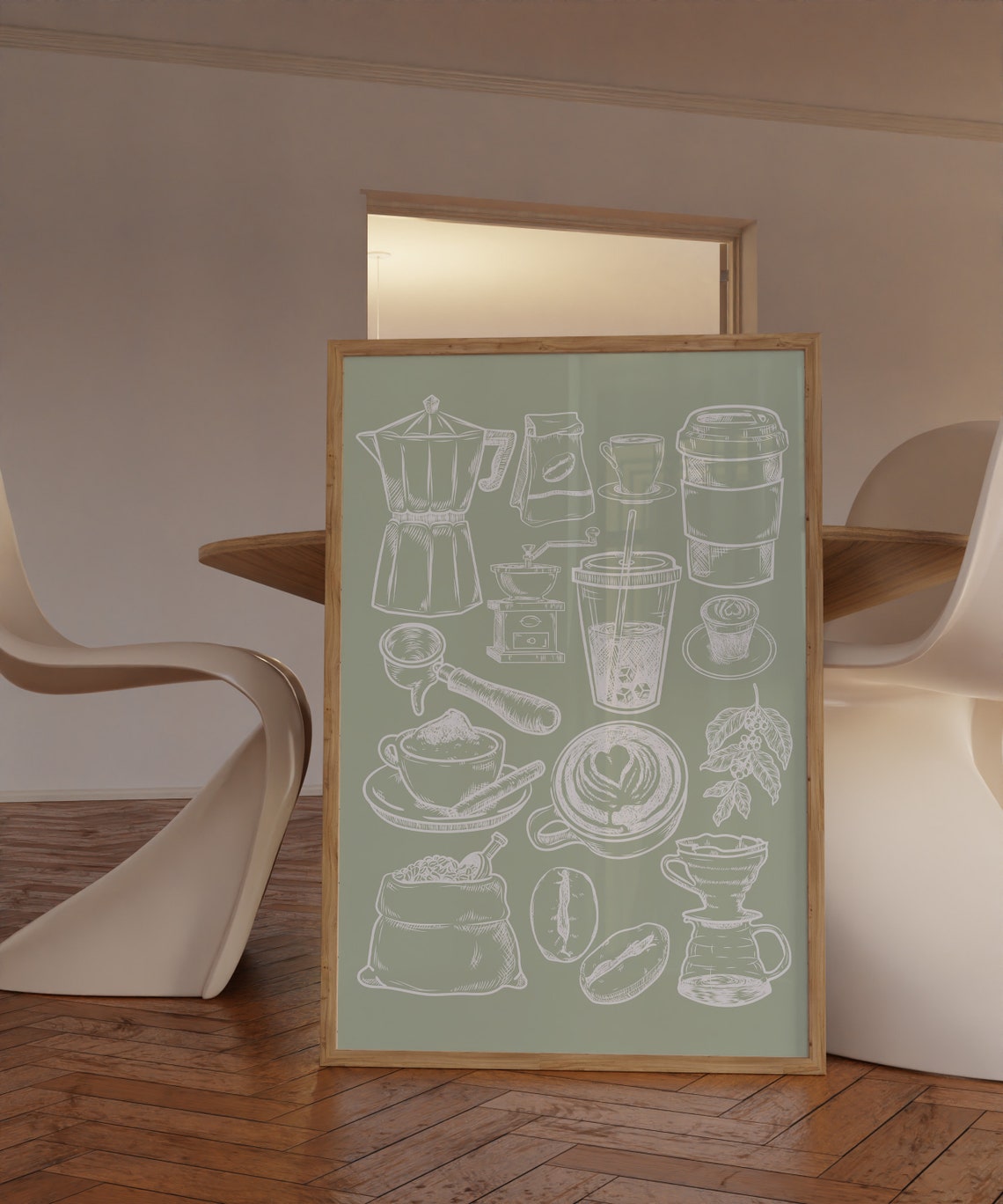 Sage Green Kitchen Coffee Icons Line Art Barista Decor Wall Art - Image 3