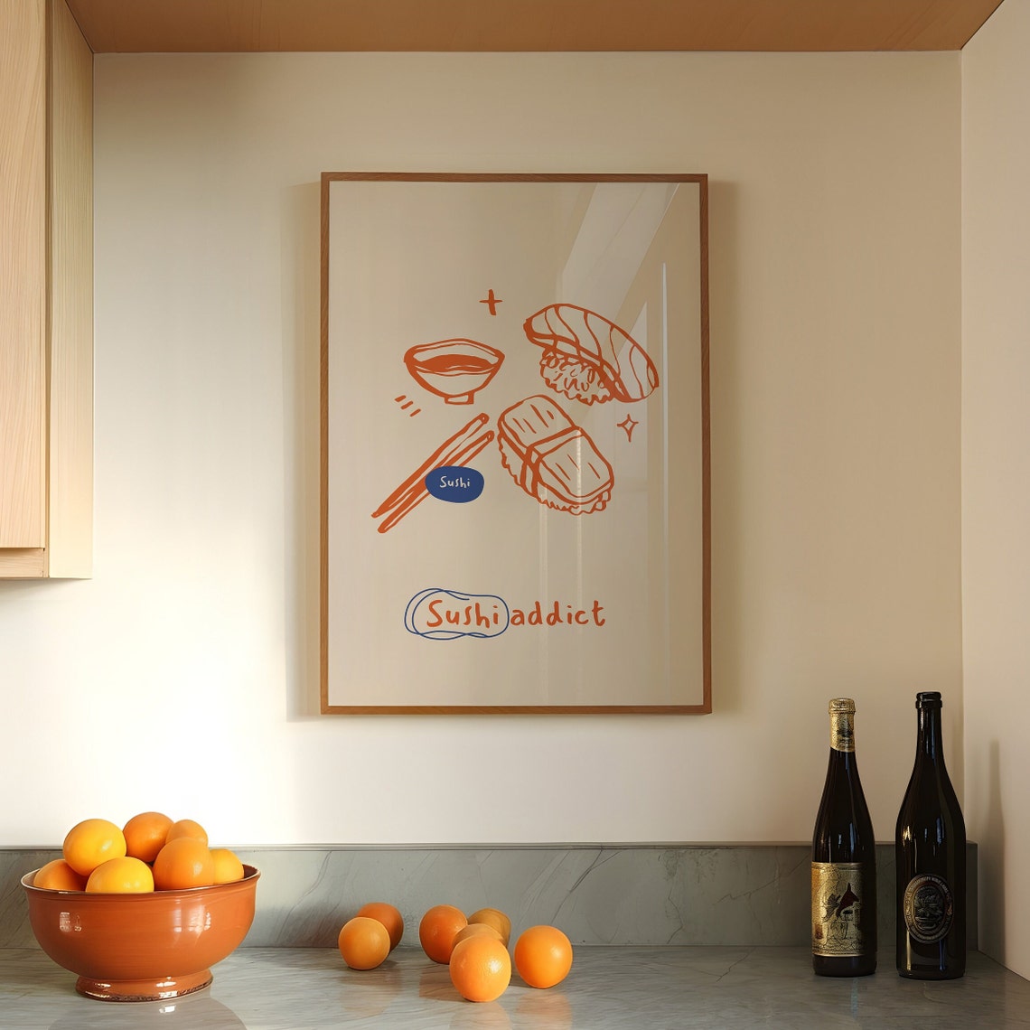 Sushi Addict Hand Drawn Doodle Orange Cream Kitchen Wall Art - Image 3