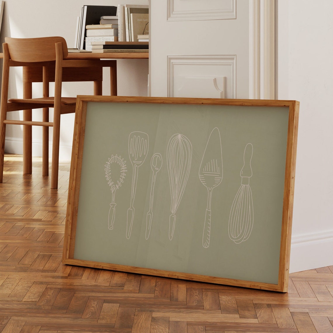 Sage Green Kitchen Utensils Line Art Baking Tools Minimalist Wall Art - Image 3