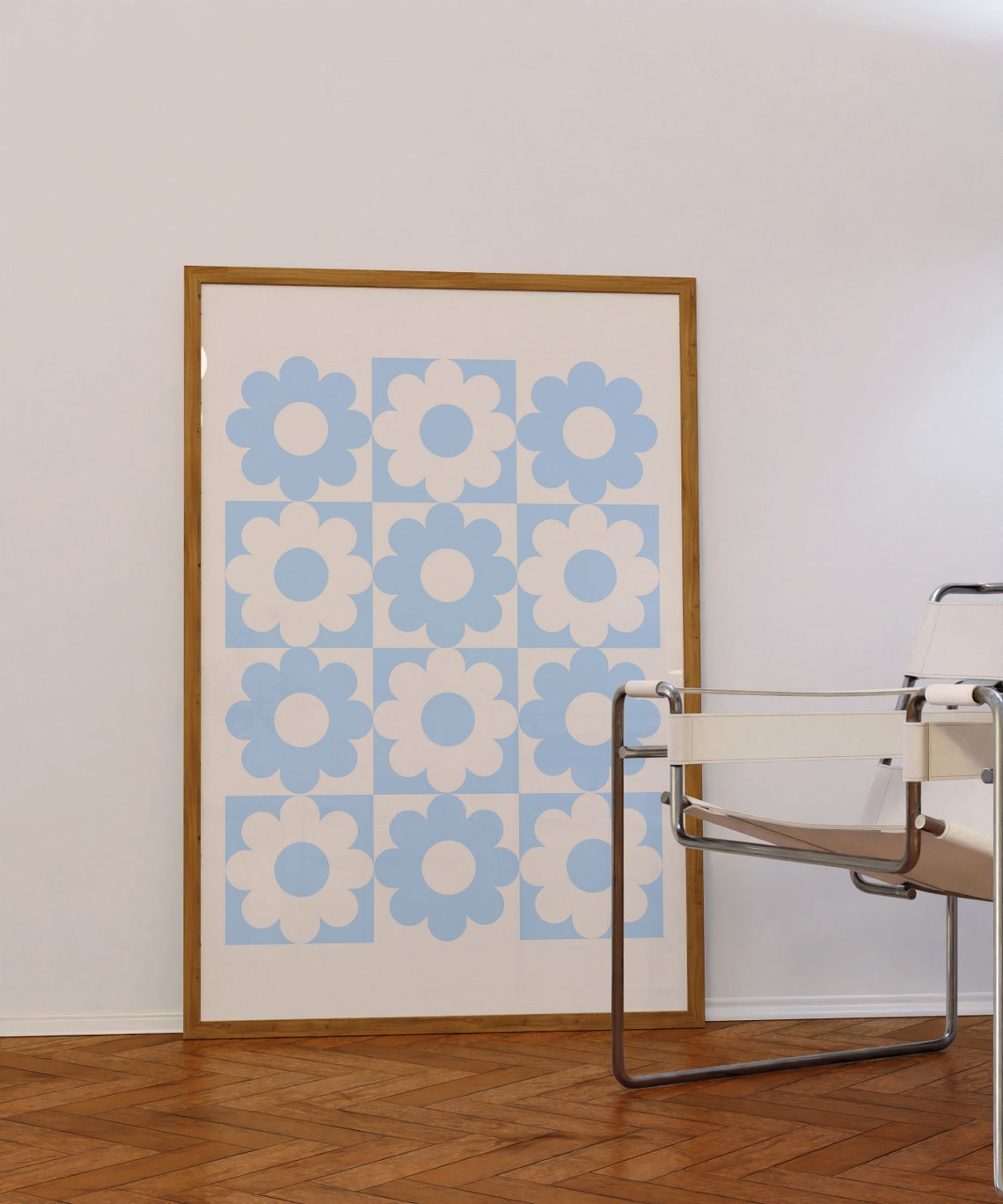 Blue Retro Flower Grid Checkerboard Daisy Trendy Funky Wall Art - Image 2