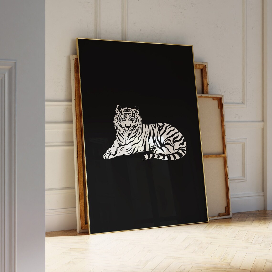 White Tiger on Black Background Dramatic Monochrome Animal Poster Art