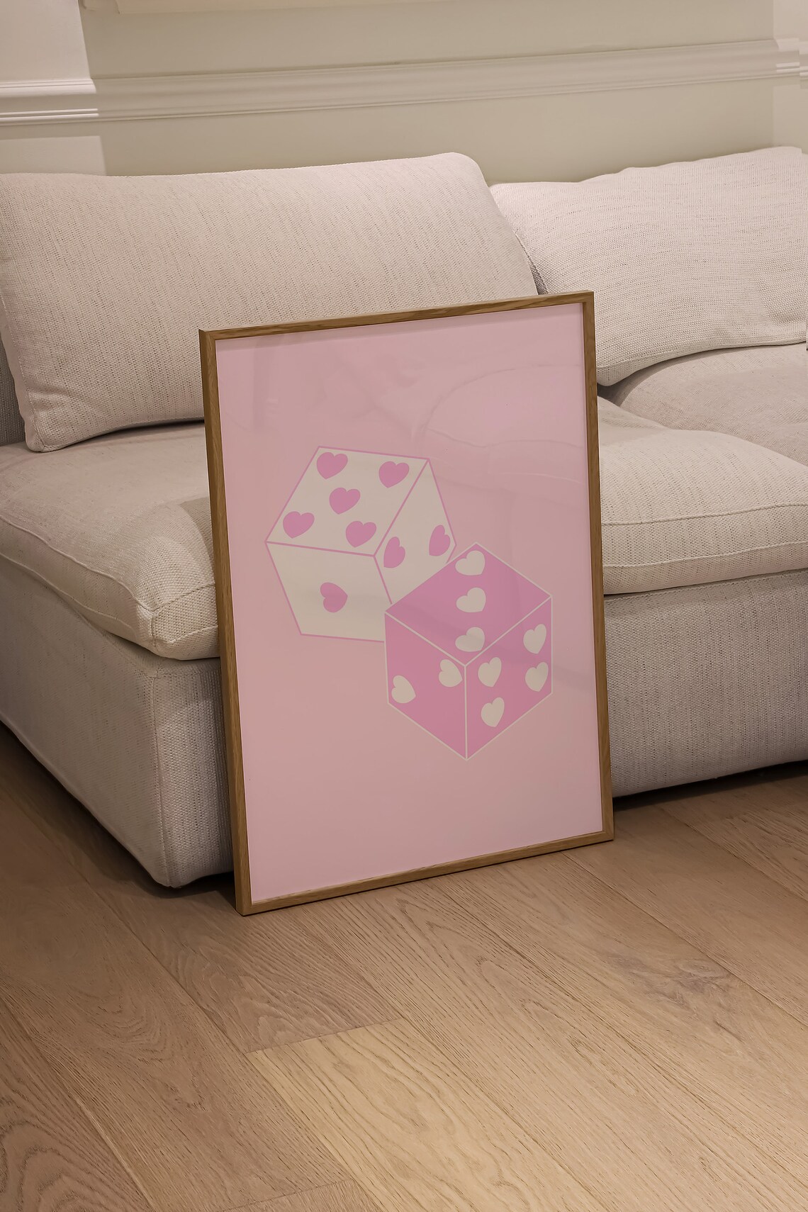 Pink Dice with Heart Pips Cute Lucky Girly Aesthetic Wall Art