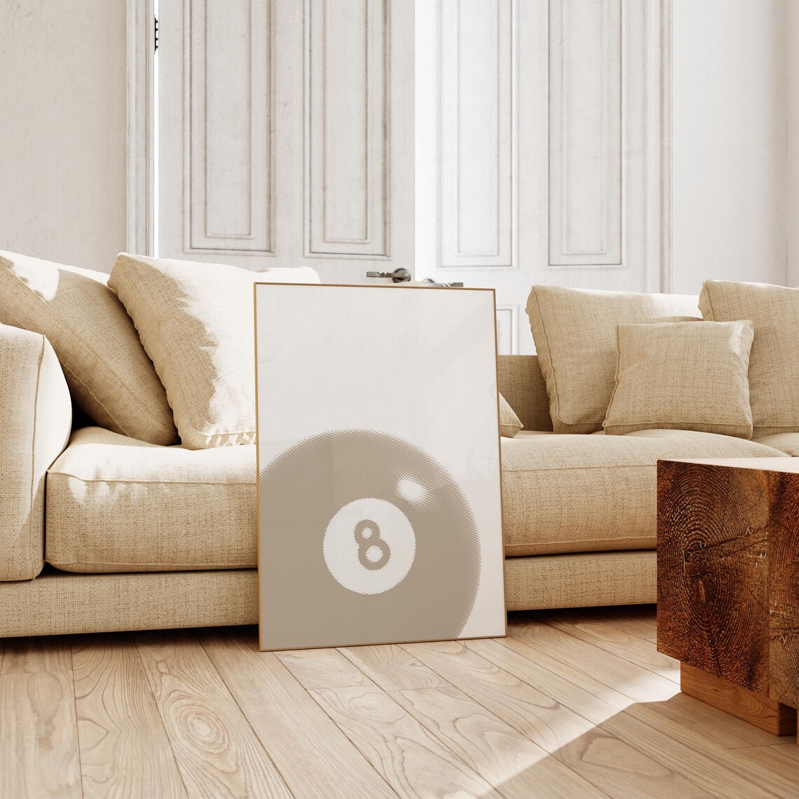 Eight Ball Neutral Beige Halftone Minimalist Dorm Room Poster