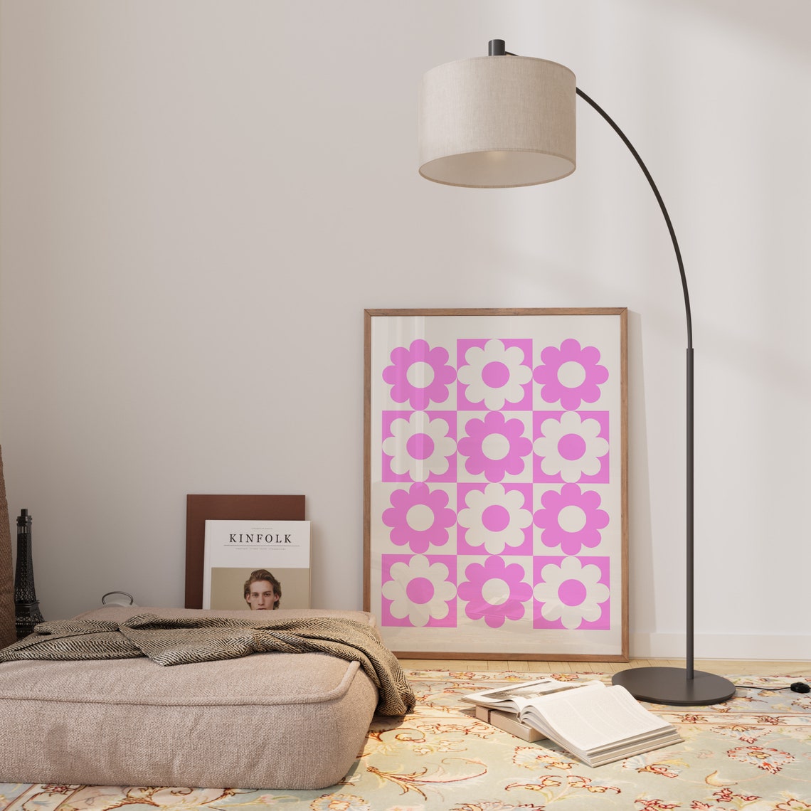 Pink Retro Daisy Grid Checkerboard Groovy Flower Power Art Print - Image 3