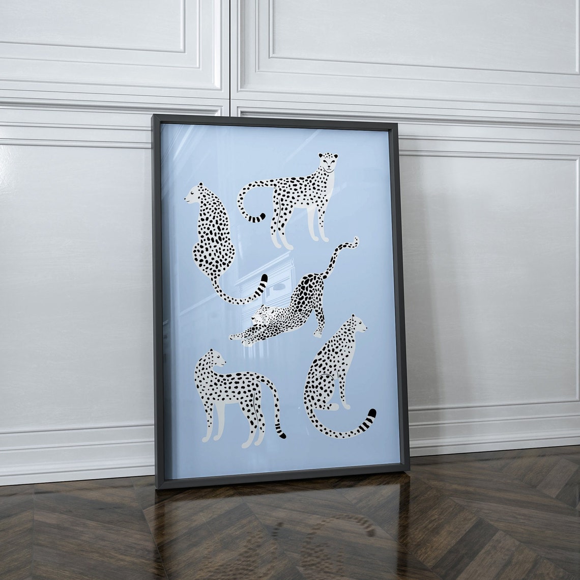 Cheetah Illustrations On Light Blue Preppy Maximalist Wall Art - Image 3