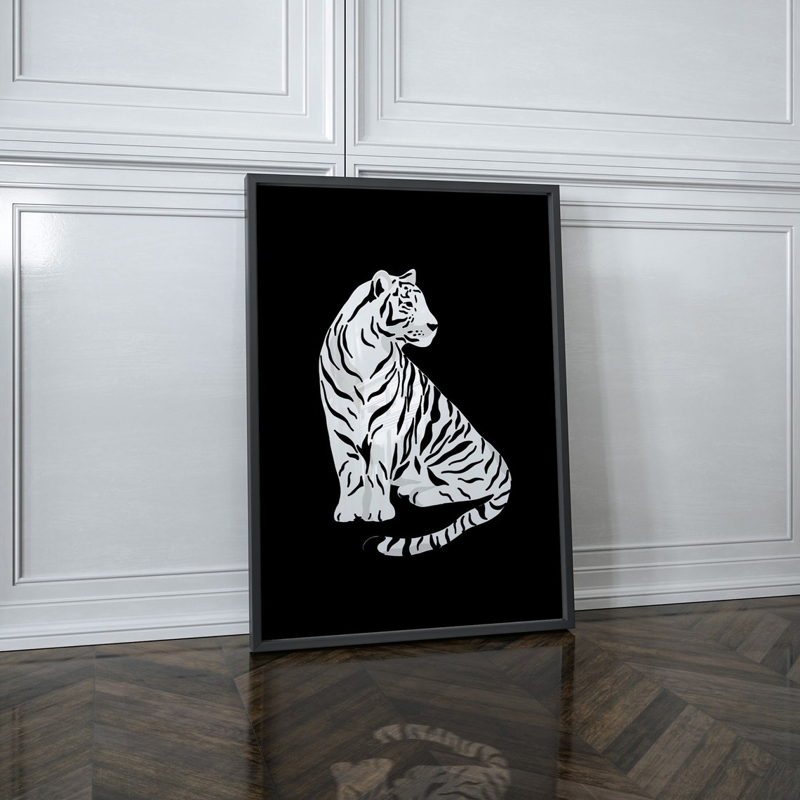 White Tiger Sitting on Black Background Bold Animal Art Poster - Image 3