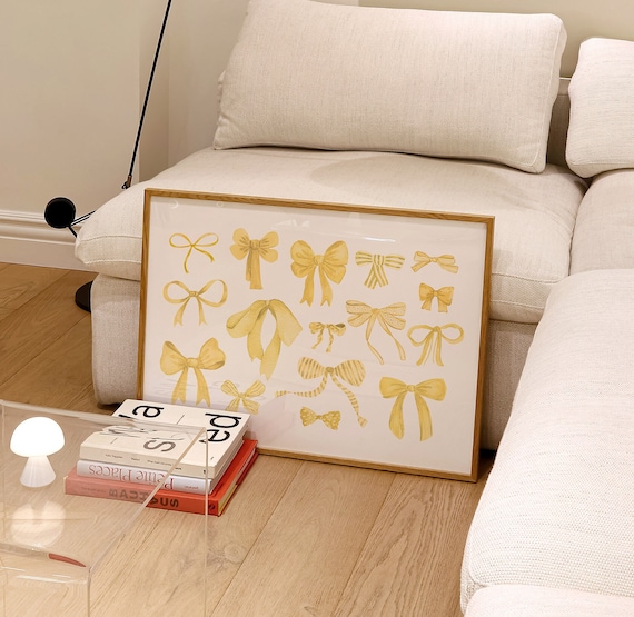 Sunny Yellow Ribbon Bows Watercolor Pattern Art Poster Kids Decor