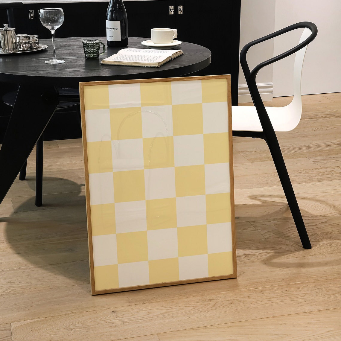 Yellow And White Checkered Checkerboard Retro Kitchen Wall Art - Image 3