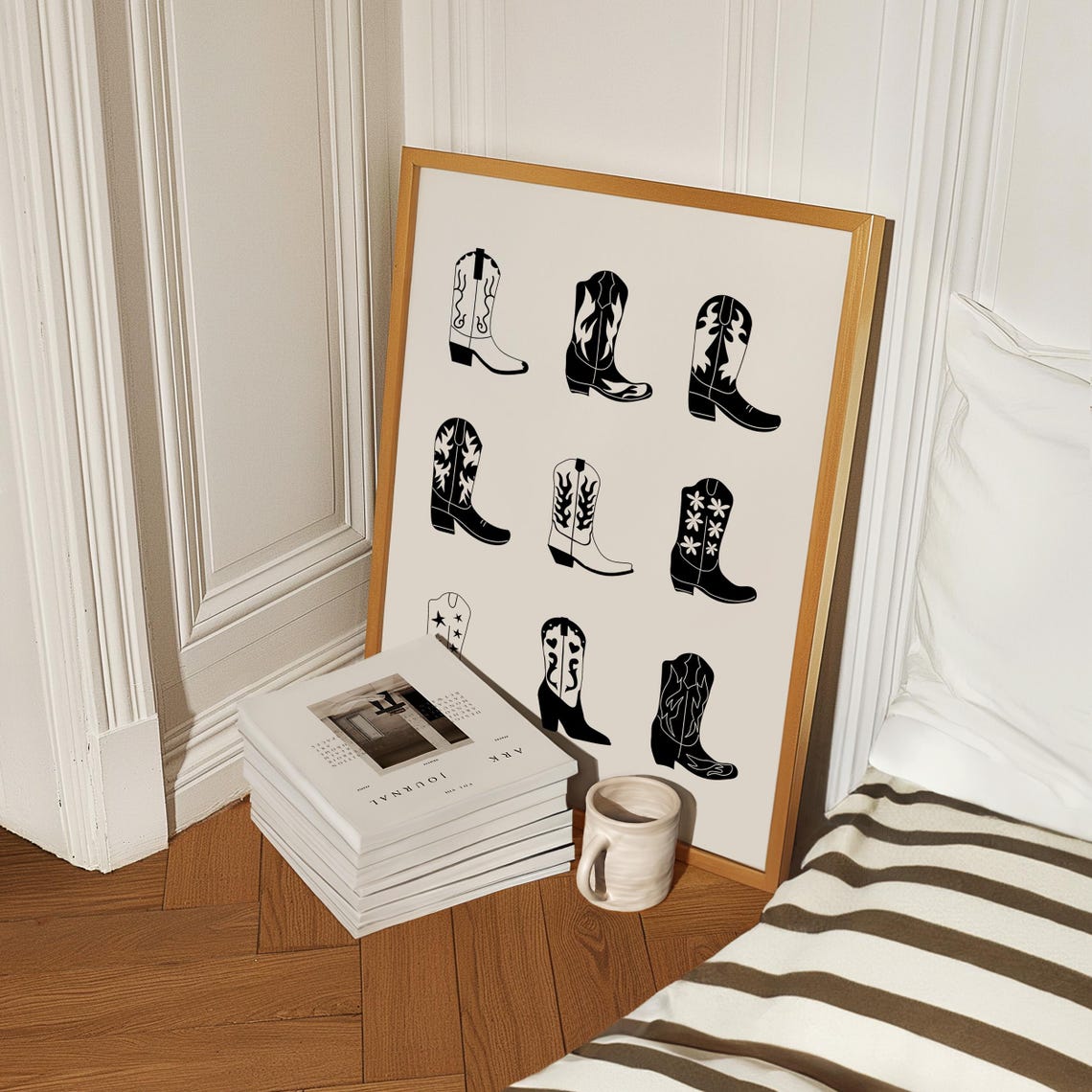 Black White Cowboy Boots Grid Silhouette Western Wall Poster - Image 4