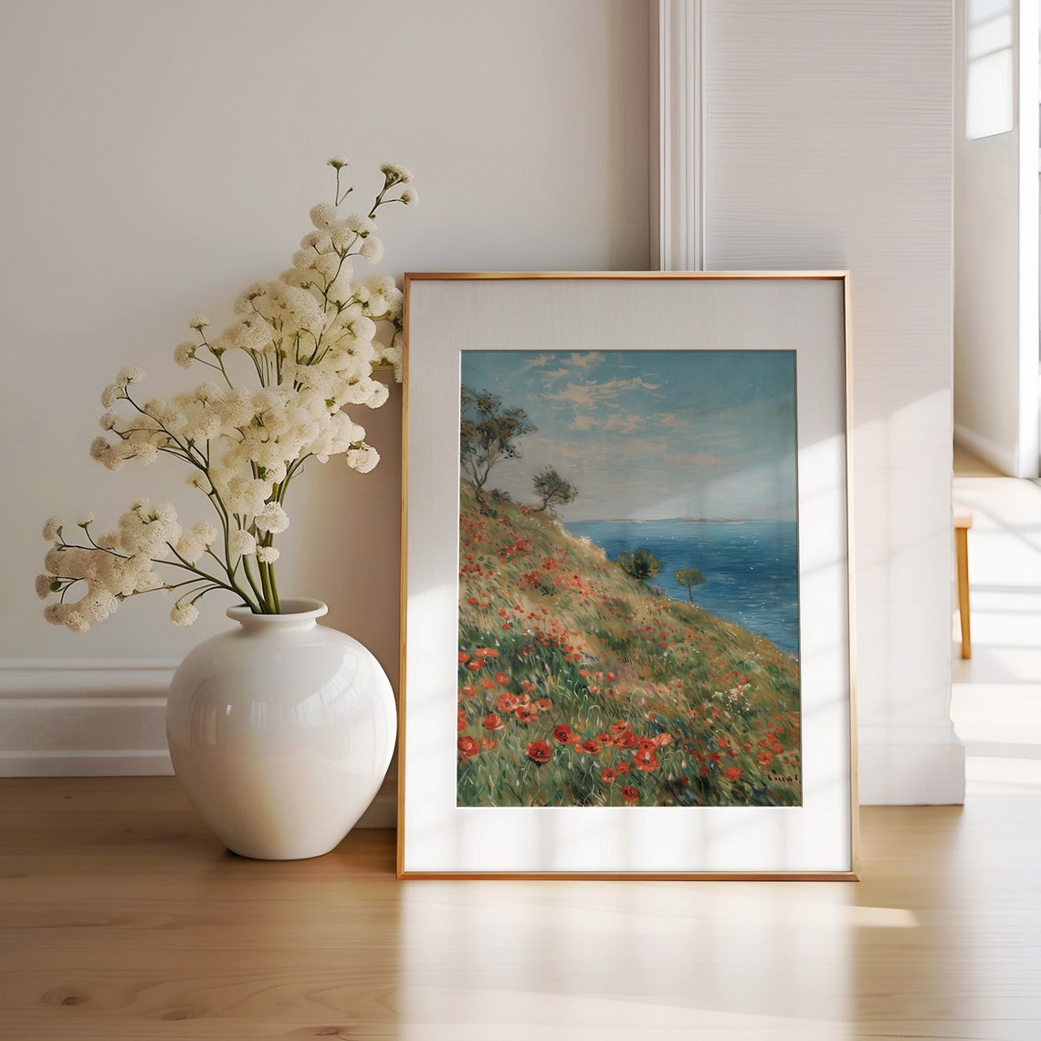 Red Poppy Hillside Overlooking Blue Sea Impressionist Coastal Poster