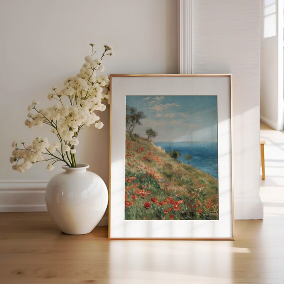 Red Poppy Hillside Overlooking Blue Sea Impressionist Coastal Poster