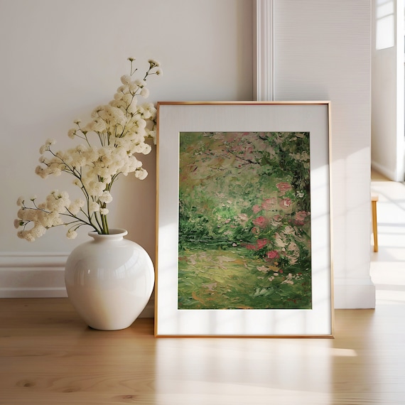 Pink Rose Garden Path Impressionist Floral Landscape Oil Painting Poster