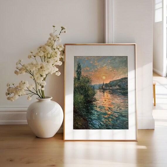 Claude Monet Style Sunset Oil Painting River Painting Impressionist Landscape Art Village Art Moody Painting