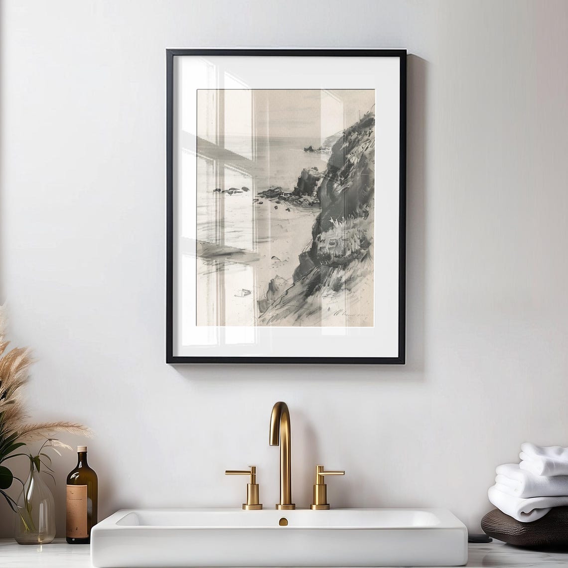 Hand Drawn Coastal Cliff Seascape Vintage Monochrome Sketch Poster