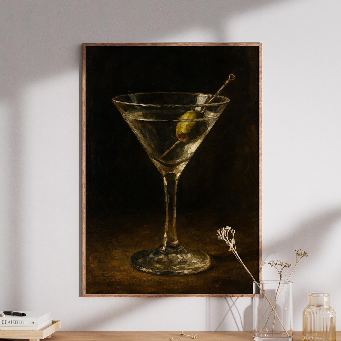 Classic Martini With Olive Oil Painting Dark Moody Bar Decor Wall Print